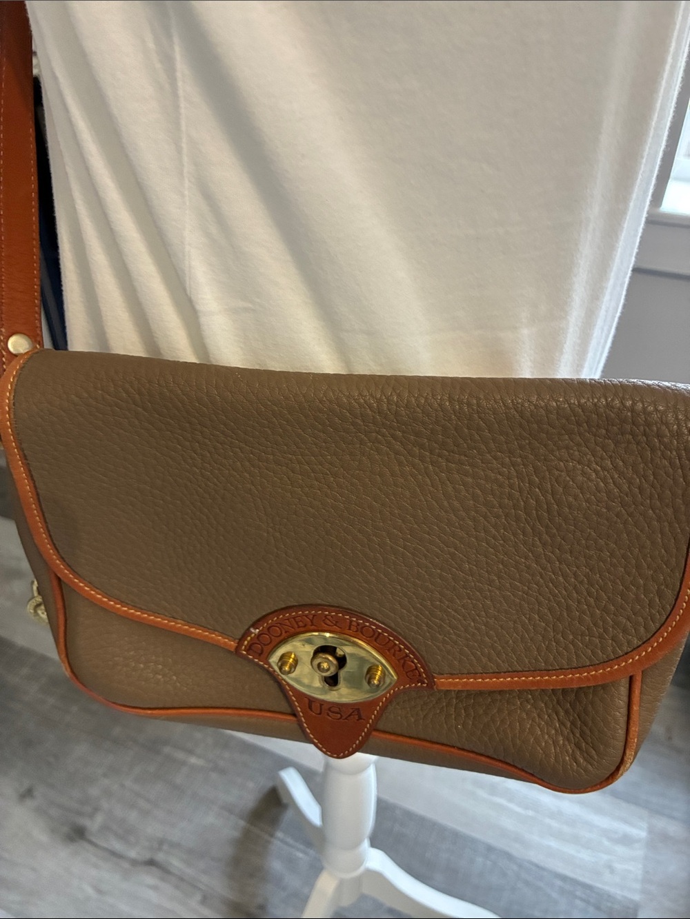 Dooney & Bourke Taupe Pebbled Leather Crossbody with Cognac Trim